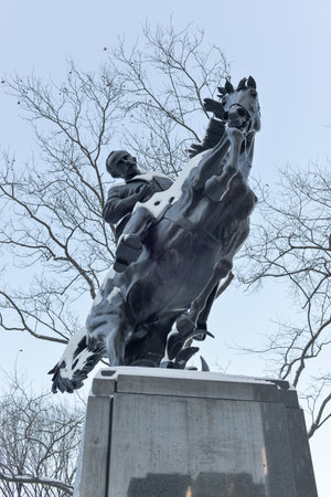 Jose Marti statue near Central Park in New York in the winter. Central Park is a public park at the center of Manhattan. The park opened in 1857.のeditorial素材