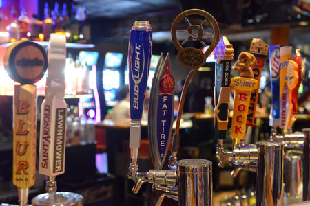AUSTIN, TEXAS - MARCH 6, 2014: Variety of beers on tap at Buffalo Billiards in Austin, Texas.のeditorial素材