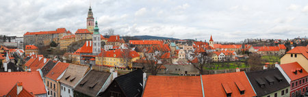 Panoramic view over the old Town of Cesky Krumlov, Czech Republicの写真素材