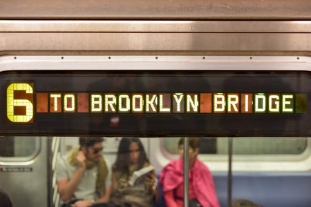 New York, USA - May 31, 2015: The 6 Train on the way to Brooklyn Bridge Station in the New York Subway.のeditorial素材