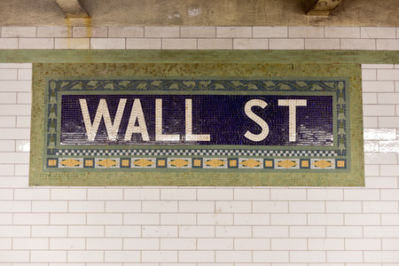 Wall street subway sign tile pattern in New York City Manhattan station.のeditorial素材