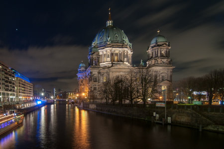 Berlin Cathedral, or Berliner Dom, illuminated at nightの写真素材