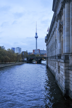 View of Alexanderplatz TV tower in center of Berlin, Germany from Museum Island on Spree river.のeditorial素材