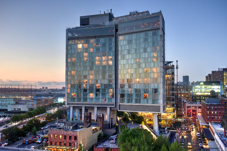 New York City - August 7, 2015: View across Manhattan Meatpacking District and Chelsea from above, at sunset with The Standard Hotel in view.のeditorial素材