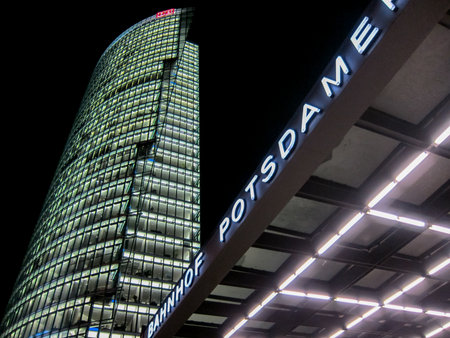 Skyscraper in Potsdamer Platz in Berlin, Germany at night.のeditorial素材