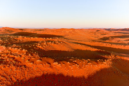 Aerial view of high red dunes, located in the Namib Desert, in the Namib-Naukluft National Park of Namibia.の写真素材