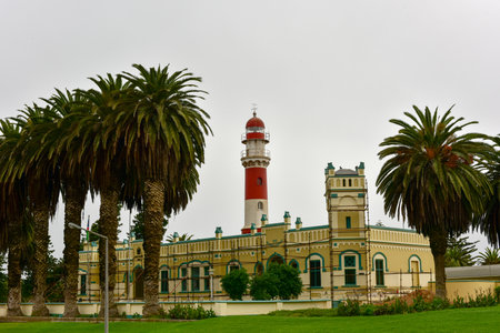Famous Swakopmund Lighthouse in Swakopmund, city on the Atlantic coast of northwestern Namibia, 280 km (175 miles) west of Windhoek, Namibia's capital.の写真素材