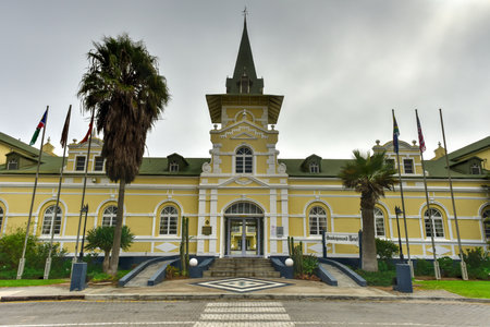 Swakopmund Hotel based on the architecture of the historic (1902) station building in Swakopmund, Namibia.のeditorial素材