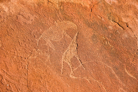 Bushman prehistoric rock engravings at the UNESCO World Heritage Center in Twyfelfontein, Namibia.のeditorial素材