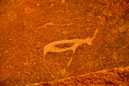 Bushman prehistoric rock engravings at the UNESCO World Heritage Center in Twyfelfontein, Namibia.のeditorial素材