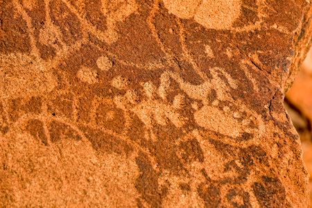 Bushman prehistoric rock engravings at the UNESCO World Heritage Center in Twyfelfontein, Namibia.のeditorial素材