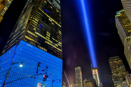 New York , New York - September 11, 2015: September 11th tribute in light in New York City.のeditorial素材