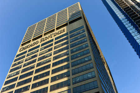 Chicago, Illinois - September 5, 2015:  Chicago Sun-Times Building closeup in Chicago, Illinois. It began in 1844 and is the oldest continuously published daily newspaper in the city of Chicago.のeditorial素材
