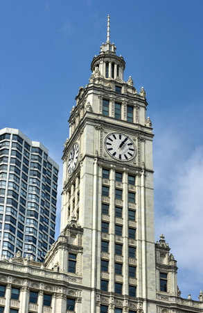 Chicago, Illinois - September 5, 2015: The Wrigley Building in Chicago, a skyscraper was built to...