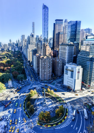 New York City - November 8, 2015: Aerial view of Central Park South and residential skyscrapers in New York City, New York by Columbus Circle.のeditorial素材
