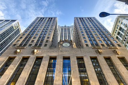 Chicago - September 7, 2015: Chicago Board of Trade Building along La Salle street in Chicago, Illinois. The art deco building was built in 1930 and first designated a Chicago Landmark on May 4, 1977.のeditorial素材