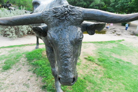 Dallas, Texas - May 13, 2007: Pioneer Plaza, cattle crossing a stream open and free to the public, landmark 73 piece cattle drive sculpture gifted by Trammel Crow to the city of Dallasのeditorial素材