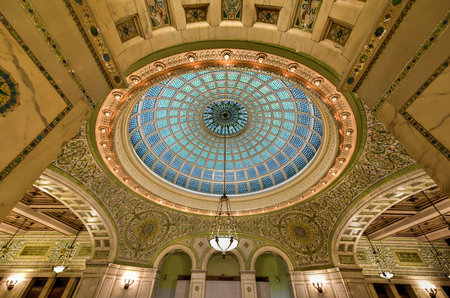 Chicago - September 8, 2015: World's largest Tiffany glass dome ceiling in the Cultural Center in Chicago, Illinois.のeditorial素材