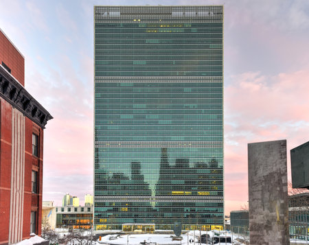 United Nations headquarters in New York City, USA in the winter at sunset.