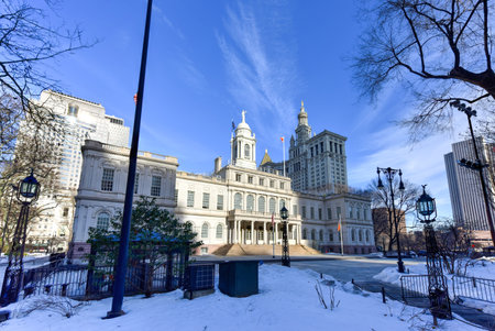 New York City Hall in City Hall Park in the winter.の写真素材