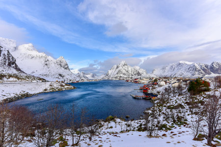 Mountain winter background in Reine, Lofoten Islands, Norwayの写真素材