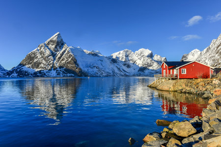 Winter in Olenilsoya in Reine, Lofoten Islands, Norway.の写真素材