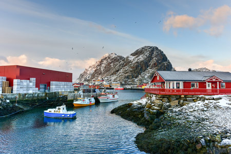 Stamsund in the Lofoten Islands, Norway in the winter.のeditorial素材