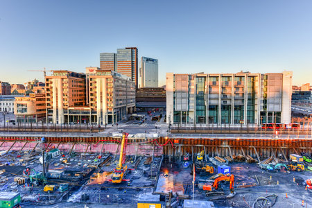 Oslo, Norway - February 27, 2016: Modern business architecture under construction in the center of Oslo, Norway.のeditorial素材