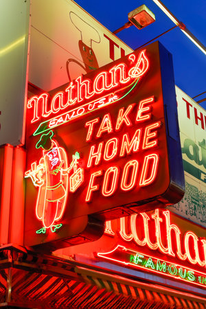 Brooklyn, New York - March 26, 2016: Nathan's Famous Hotdogs is a historic landmark and tradition at Coney Island in Brooklyn, New York.のeditorial素材