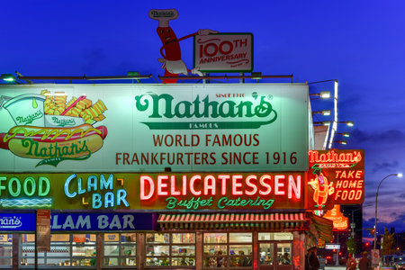 Brooklyn, New York - March 26, 2016: Nathan's Famous Hotdogs is a historic landmark and tradition at Coney Island in Brooklyn, New York.のeditorial素材