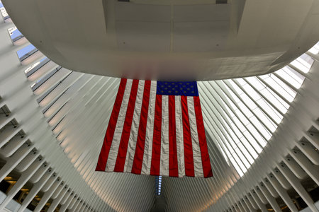 New York, USA - April 16, 2016: The Oculus in the World Trade Center Transportation Hub for the PATH in New York City. It is located between 2 World Trade Center and 3 World Trade Center in Manhattan.のeditorial素材