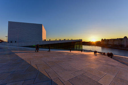 Oslo, Norway - February 27, 2016: The Oslo Opera House, home of The Norwegian National Opera and Ballet and the national opera theatre. It is situated in the Bjorvika neighborhood of central Oslo.のeditorial素材