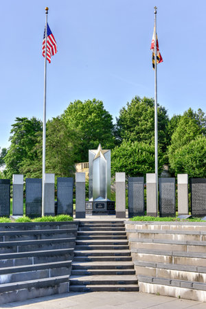 Maryland World War II Memorial. The memorial is an open, four-sided amphitheater, surrounded by 48,...