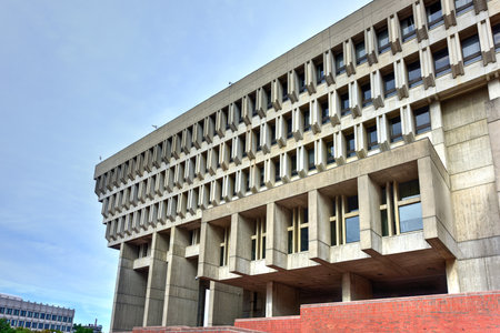 Boston City Hall in Government Center. The current hall was built in 1968 and is a controversial and prominent example of the brutalist architectural style.のeditorial素材