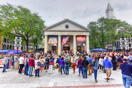 Boston, Massachusetts - September 5, 2016: Crowd of tourists watching a public outdoor show in front of the Quincy Market.のeditorial素材