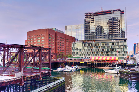 Boston Harbor in Massachusetts, USA with its mix of modern and historic architecture.のeditorial素材