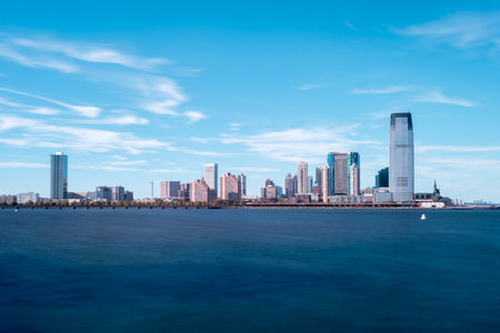 View of the New Jersey skyline from New York City on a summer day.の写真素材