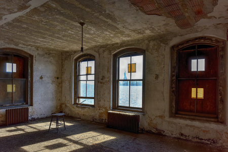 The abandoned Ellis Island Immigrant Hospital. It was the United States first public health hospital, opened in 1902 and operating as a hospital until 1930.の写真素材
