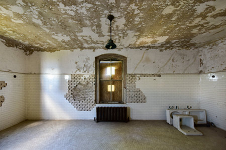 The abandoned Ellis Island Immigrant Hospital. It was the United States first public health hospital, opened in 1902 and operating as a hospital until 1930.の写真素材