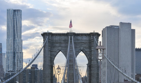 Brooklyn Bridge panoramic view in the summer.の写真素材