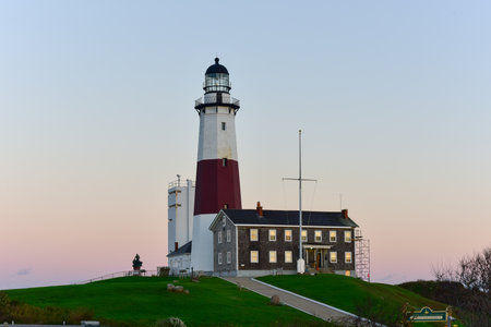 The Montauk Point Lighthouse located adjacent to Montauk Point State Park, at the easternmost point of Long Island, in the hamlet of Montauk in the Town of East Hampton in Suffolk County, New York.の写真素材
