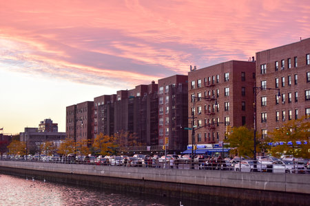 New York City - November 5, 2016: Sheepshead Bay neighborhood of Brooklyn at sunset in New York City.のeditorial素材