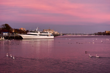 Sunset on the canal, in Sheepshead Bay, Brooklyn, New York.の写真素材
