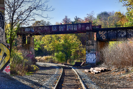 Train tracks going through Jersey City, New Jersey.の写真素材