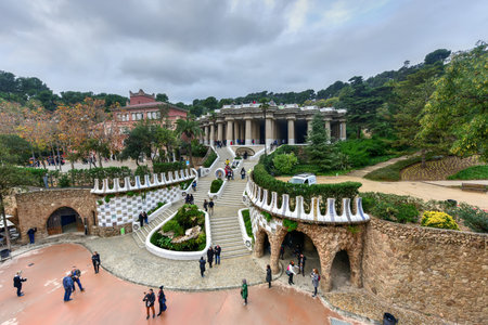 Park Guell in Barcelona, Spain is a public park system composed of gardens and architectonic elements located on Carmel Hill, in Barcelona, Catalonia (Spain).のeditorial素材