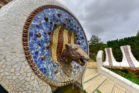 Tile art of Park Guell in Barcelona, Spain. It is a public park system composed of gardens and architectonic elements located on Carmel Hill, in Barcelona, Catalonia (Spain).のeditorial素材