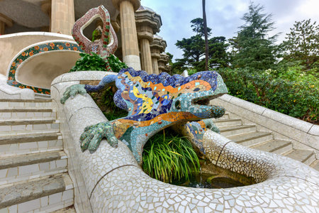 Lizard in Park Guell in Barcelona, Spain is a public park system composed of gardens and architectonic elements located on Carmel Hill, in Barcelona, Catalonia (Spain).のeditorial素材