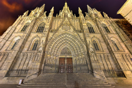 Facade of the 14th century Gothic Barcelona Cathedral (Catedral de Barcelona) in Barcelona, Spain.の写真素材