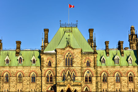 Parliament Hill and the Canadian House of Parliament in Ottawa, Canada during wintertime.の写真素材