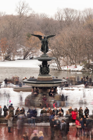 New York City - February 11, 2017: Bethesda Fountain on a winter's day surrounded by tourists in Central Park, New York.のeditorial素材